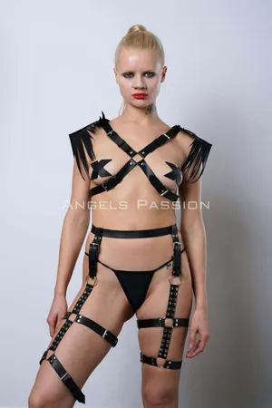 Black Faux Leather Full Body Harness with Fringe Shoulders and Garter Straps