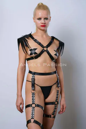 Black Faux Leather Full Body Harness with Fringe Shoulders and Garter Straps