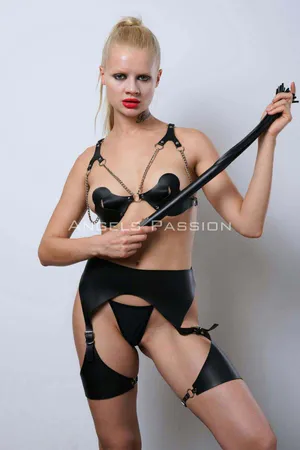 Black Faux Leather Harness Bra and Garter Set with Leg Straps for Women