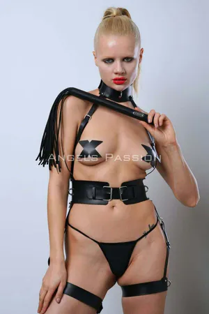 Black Faux Leather Full Body Harness Wide Waist Belt Thigh Straps