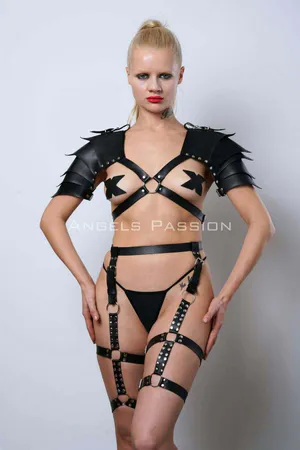 Black Faux Leather Warrior Body Harness Set with Shoulder Armor and Leg Straps