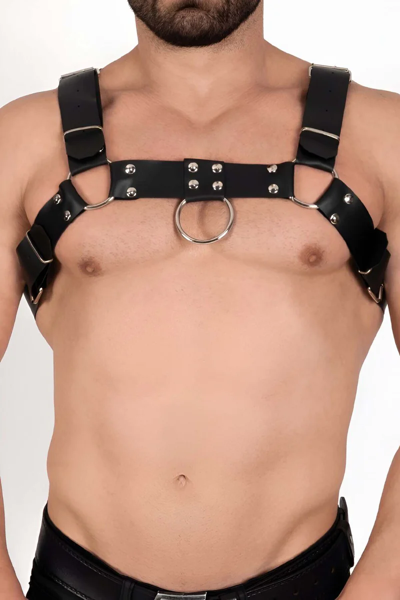 Black faux leather chest harness front view