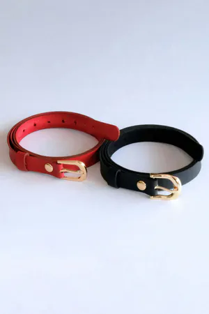 2-Piece Belt Set, Black - Red Women's Belt (Gold Accessory)