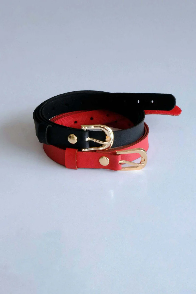 Black and red faux leather belt set with