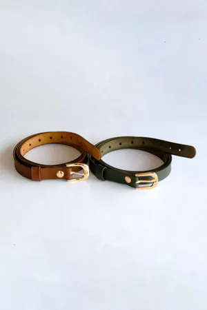 Slim Faux Leather Waist Belt Set Brown Olive Green Buckle
