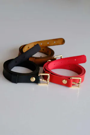 Square Buckle Detailed 3-Piece Belt Set | Black - Red and Tan Belt (Gold Accessory)