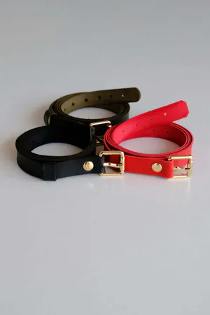Square Buckle Detailed 3-Piece Belt Set | Black - Red and Khaki Belt (Gold Accessory)