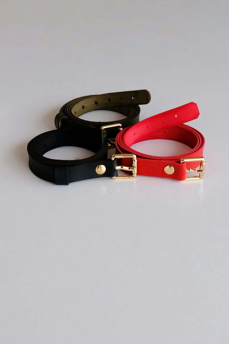 Vegan Leather Belt Set Red Black