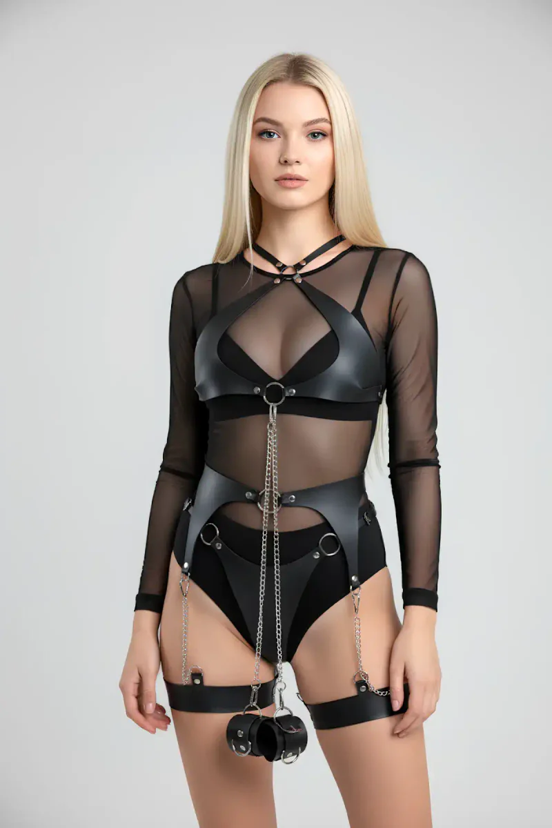 Black faux leather body harness set front