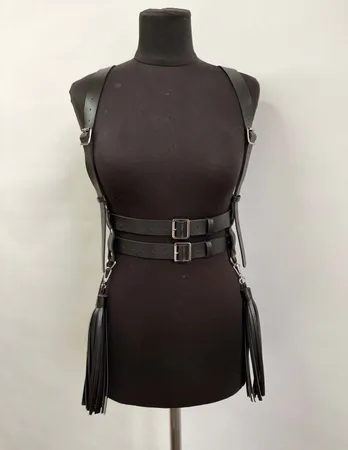Black Faux Leather Full Body Harness Double Belt Tassels