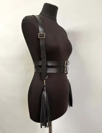 Black Faux Leather Full Body Harness Double Belt Tassels