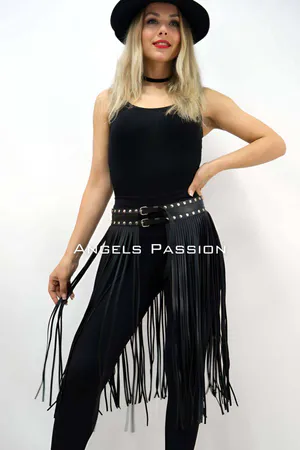 Stylish Leather Skirt with 5 mm Tassels, Below Knee Tassel Skirt - APFT1398