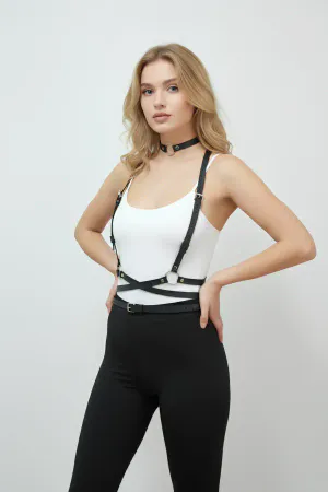 Black Faux Leather Chest Harness Choker Set Women Adjustable Straps