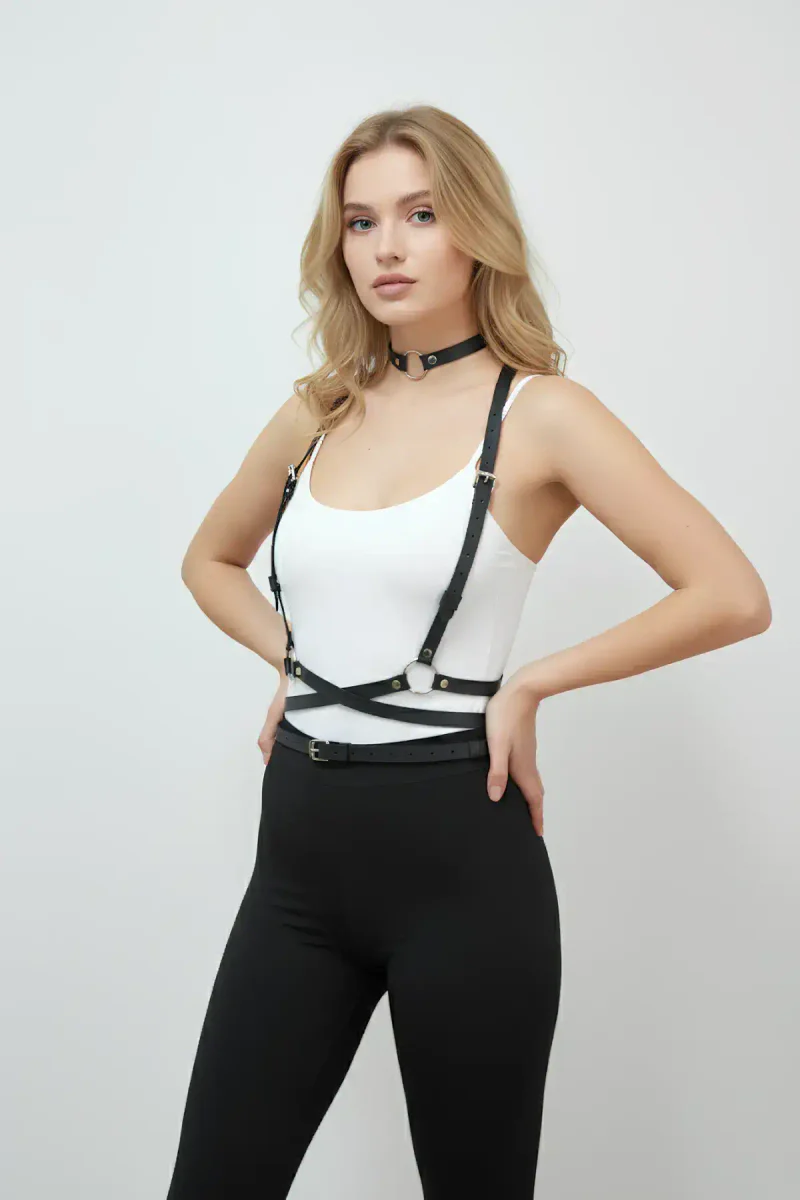 Black vegan leather chest harness front view