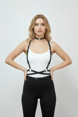 Black Faux Leather Chest Harness Choker Set Women Adjustable Straps