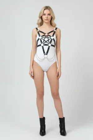 Stylish Leather Chest Harness with Chain Detail, Bustier Harness, Leather Chest Harness- APFT1399