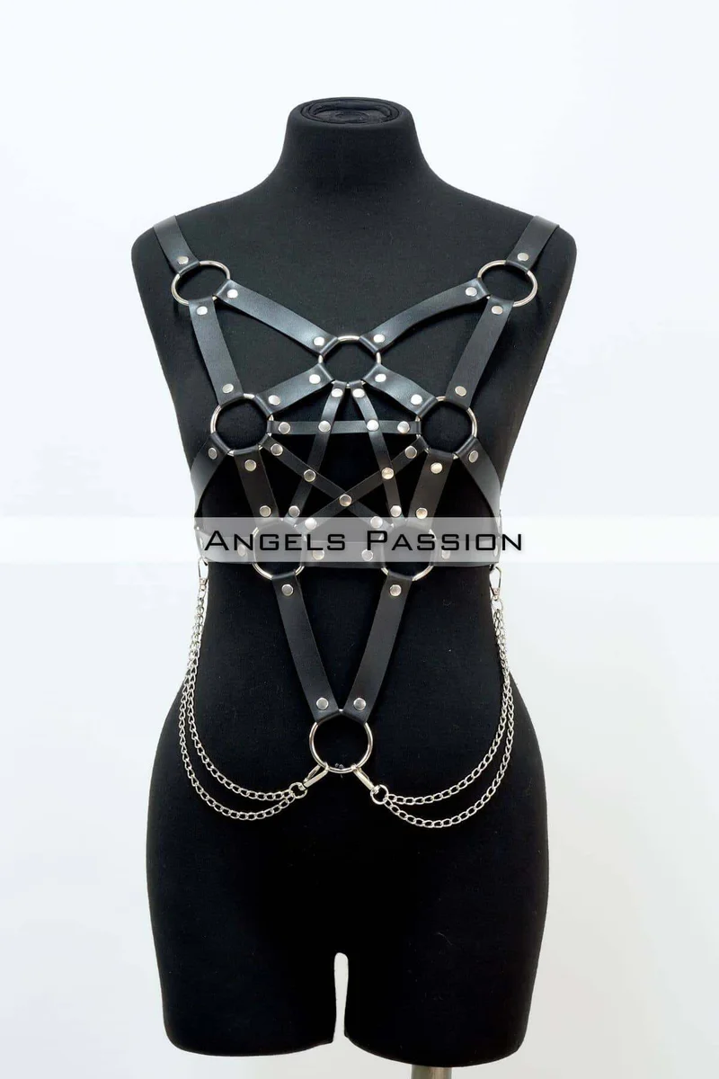 Black pentagram body harness featuring chain detail on waist