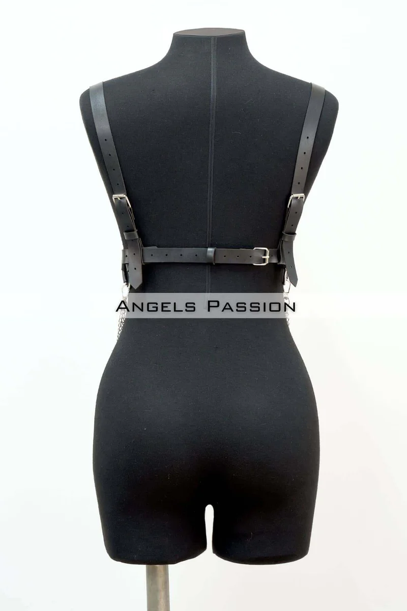 black pentagram body harness with silver chain detail visible on back