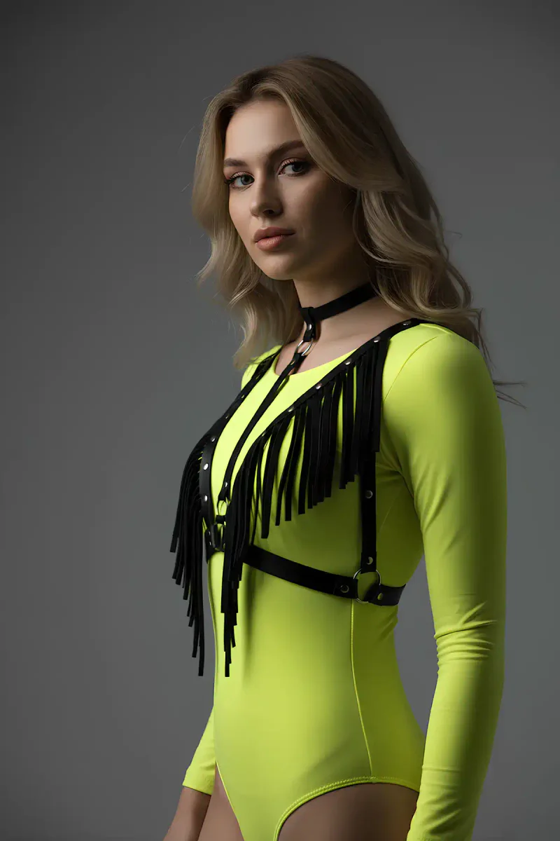 Black faux leather fringe chest harness with silver O-ring hardware detail