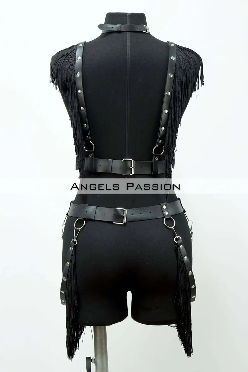 Women's black fringe harness