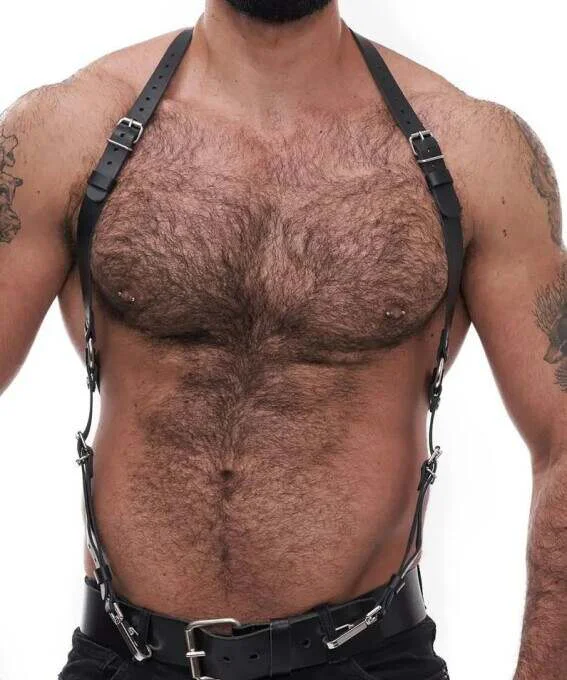 Black Faux Leather Chest Harness Close-Up Buckle Detail