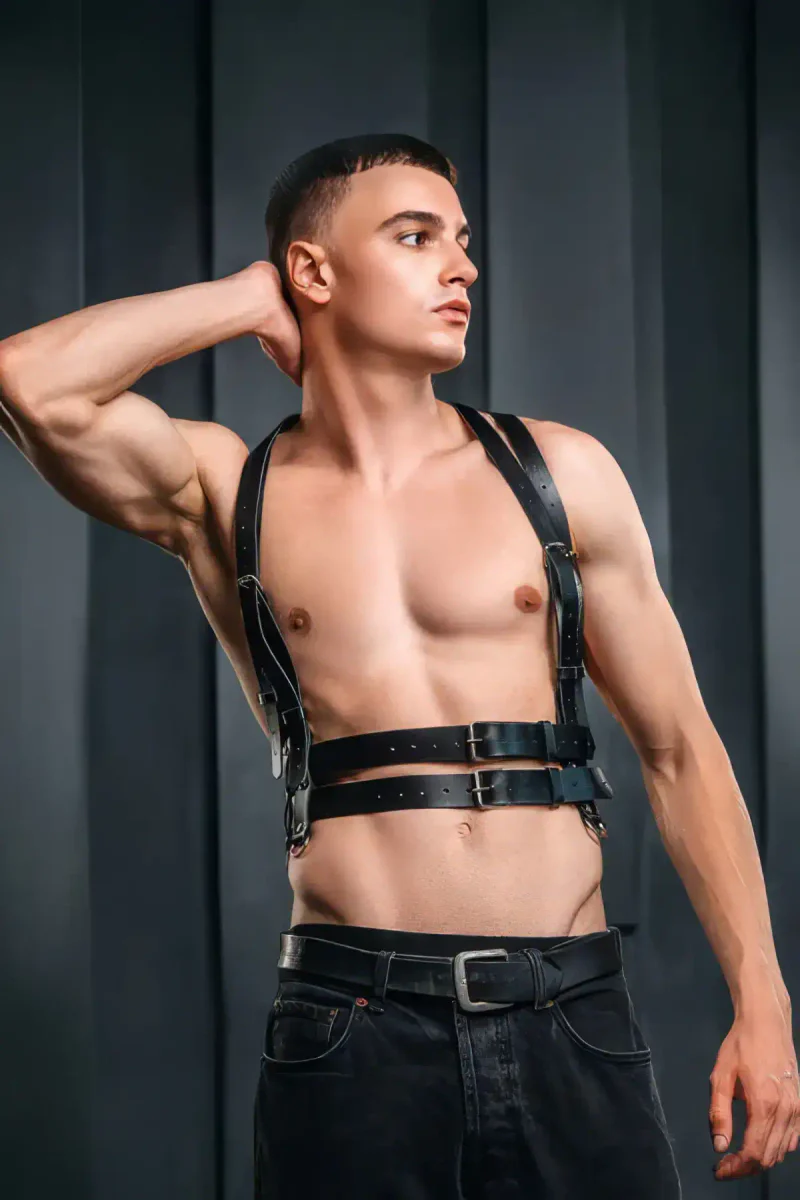 Black Faux Leather Chest Harness Back View with O-Ring Detail