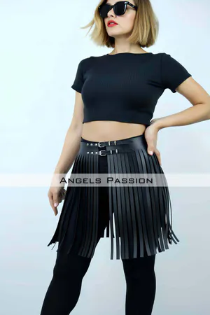Black Vegan Leather Fringe Skirt Overlay with Dual Buckles