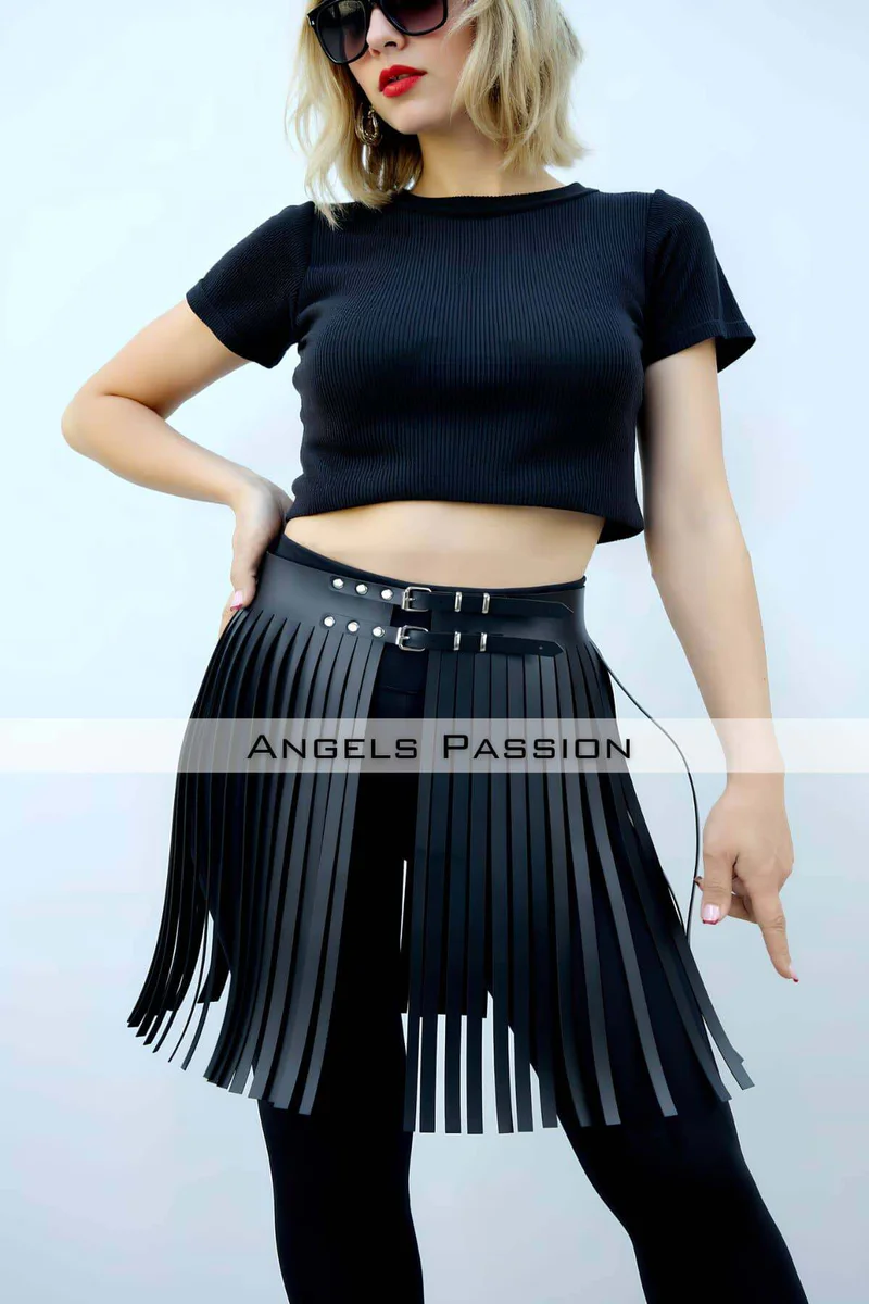 Festival faux leather black fringe skirt overlay
