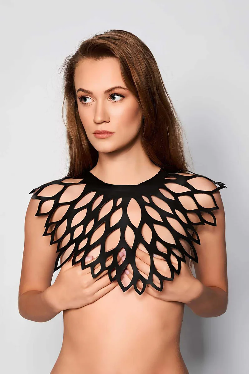 Black Faux Leather Leaf Cutout Statement Collar Fashion Accessory Front View