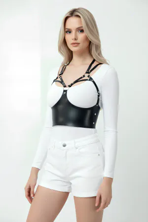 Black Faux Leather Underbust Harness Top Women with Silver O-Ring Details