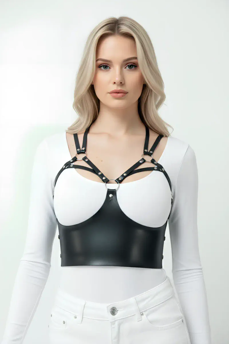 Sexy harness lingerie black faux leather under