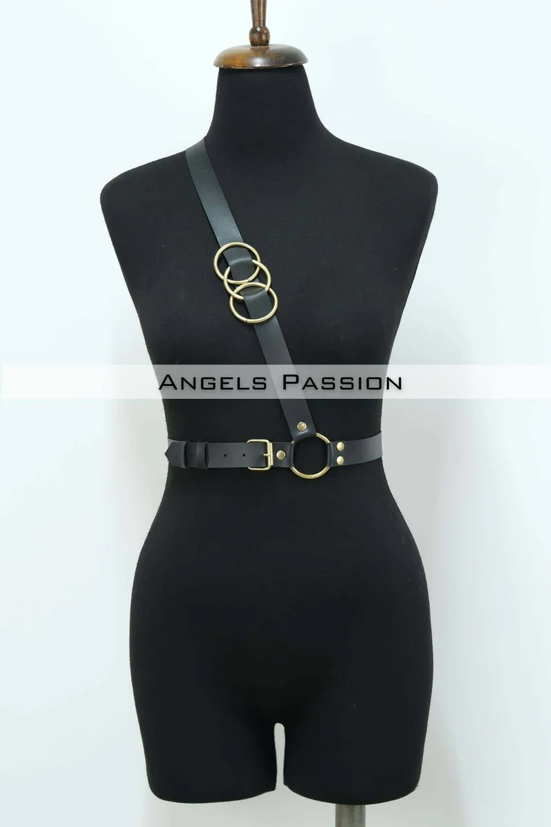 Single Strap Leather Waist Belt Over Chest with Yellow Accessory, Sexy Accessory - APFT1183