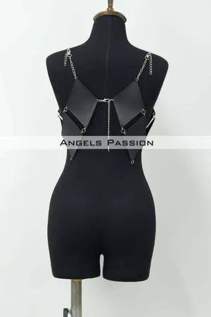 Black Faux Leather Diamond Plate Chest Harness Geometric Design