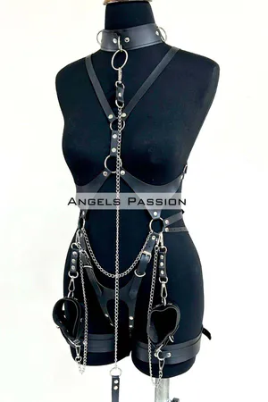 Stylish Leather Harness with Collar and Chain Detail, Leather Fancy Clothing- APFT1225