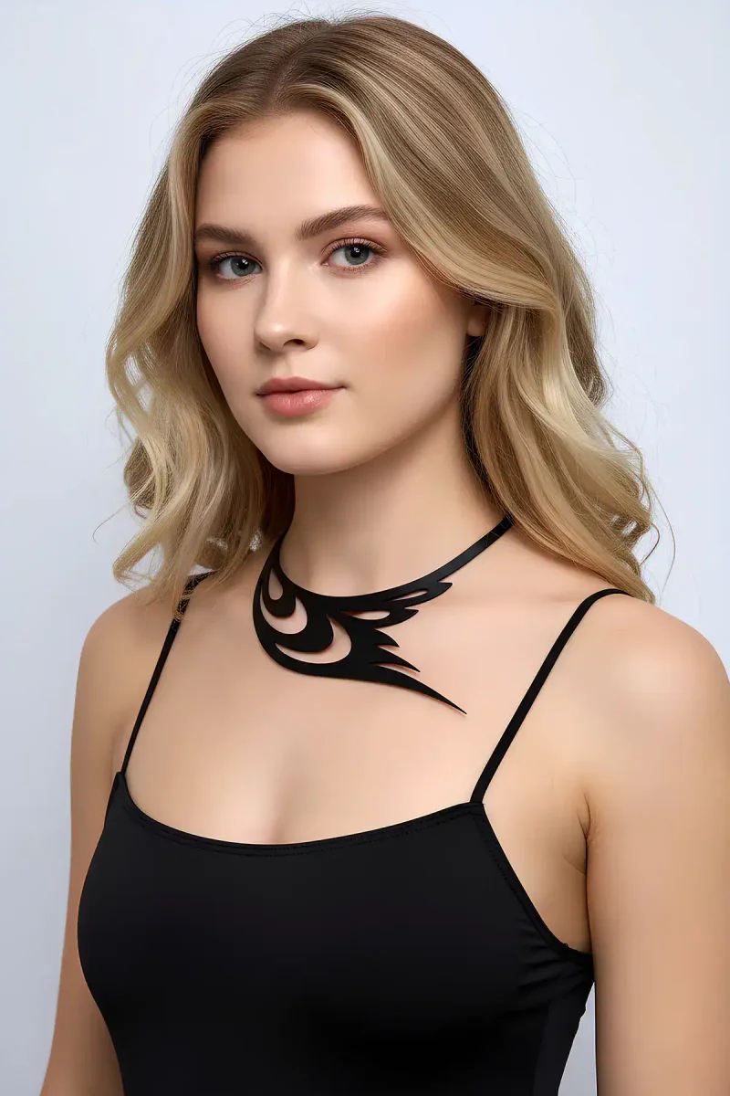Black Leather Choker Necklace - Modern Tribal Statement Piece