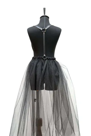 Long Black Tulle Skirt with Faux Leather Body Harness worn by model