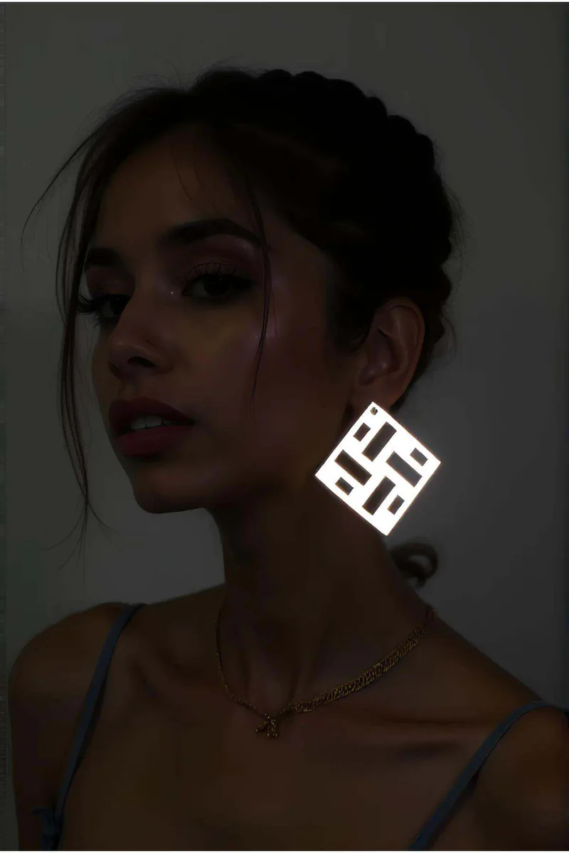 Reflective Geometric Square Cutout Earrings White Laser Pattern