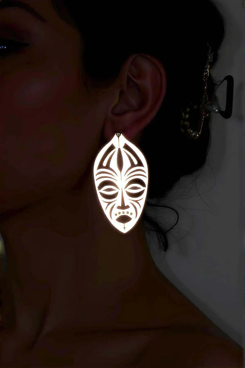 Reflective Ethnic Mask Drop Earrings White Stud Post Style