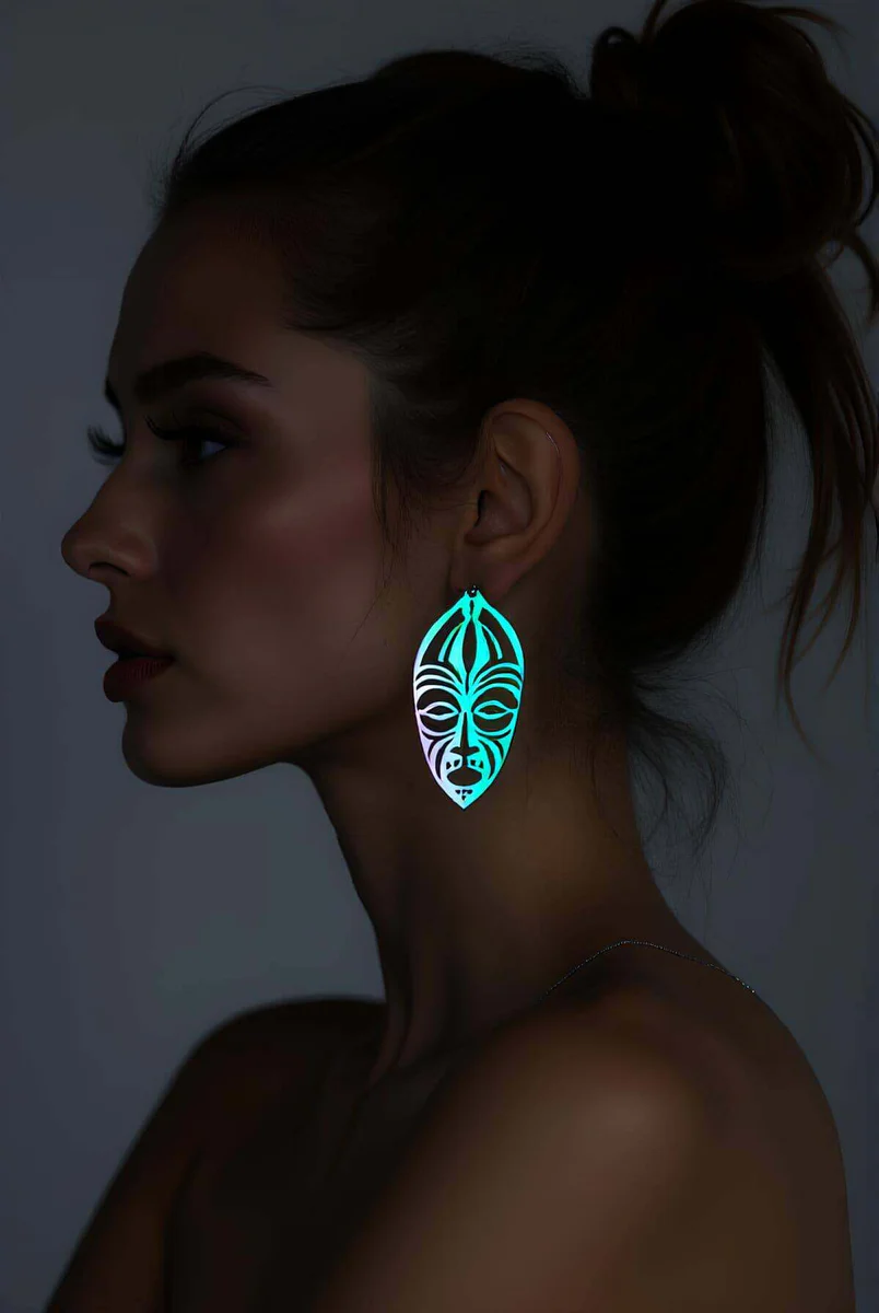 Reflective Ethnic Mask Drop Earrings Teal Purple Glow