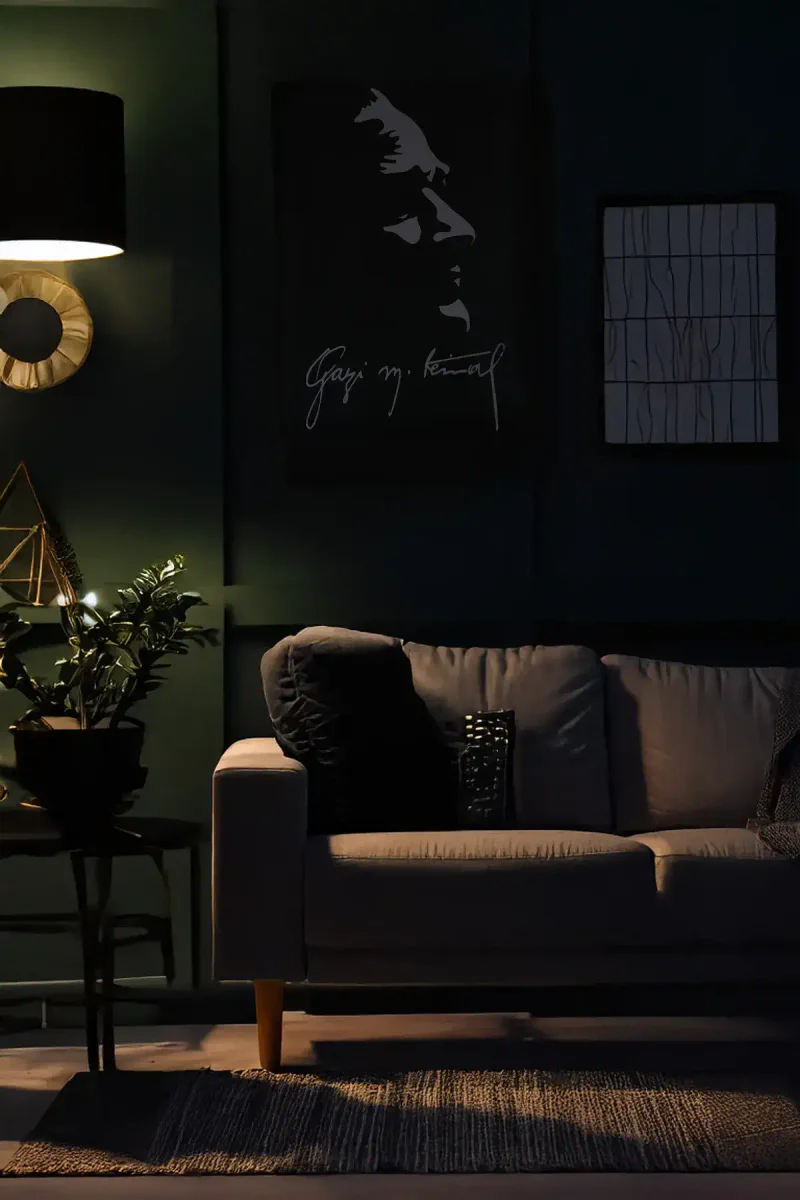 Reflective Ataturk Wall Decor in dimly lit room, showing light interaction