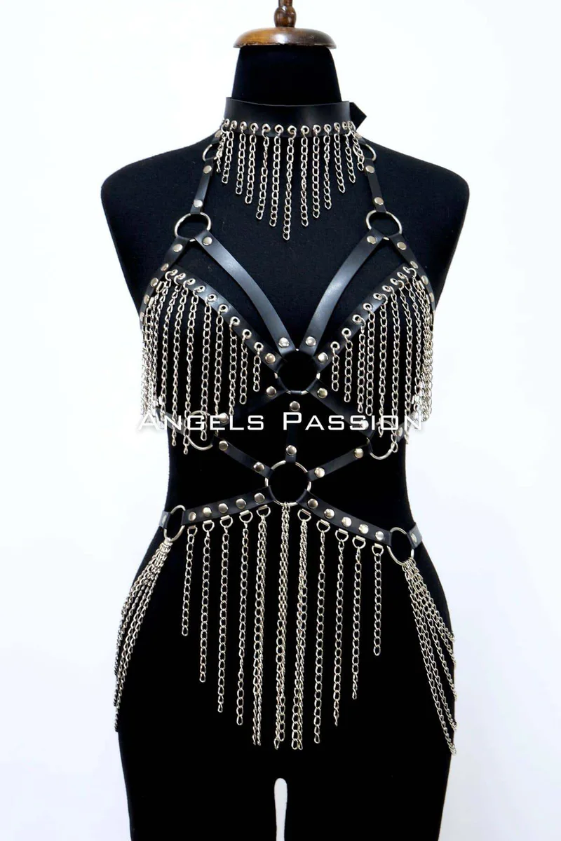 Red Chain Body Harness - Adjustable Leather Choker