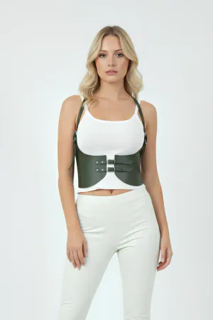 Dark Green Faux Leather Underbust Corset Harness with Buckles