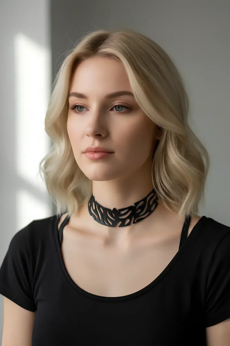 Laser Cut Leather Choker - Adjustable Black Statement Necklace
