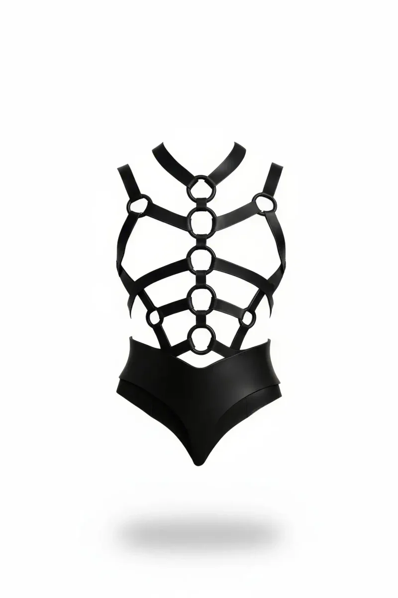 Black Faux Leather O-Ring Caged Bodysuit Harness Front View