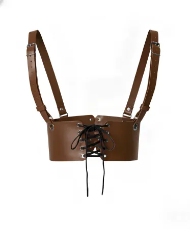 Brown Faux Leather Underbust Harness Front View with Black Lace-Up Detail