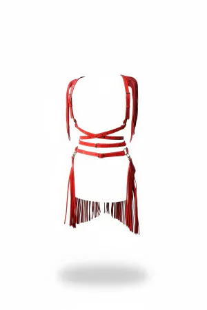 Red Faux Leather Fringe Body Harness & Waist Cinch Set Adjustable Straps