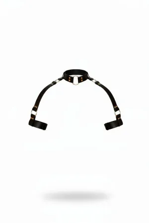 Black Faux Leather Collar Harness with Silver O-Ring and Adjustable Arm Straps