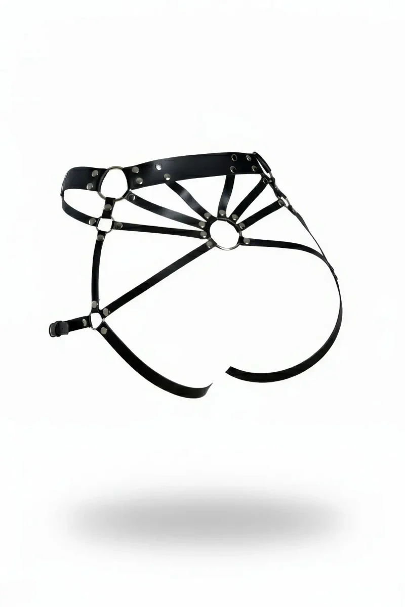 Black Faux Leather Hip Harness Women O-Ring Details