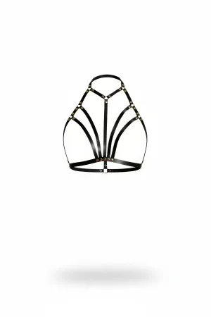 Black Faux Leather Caged Halter Harness Top Gold Hardware Multi-Strap Design Adjustable Back