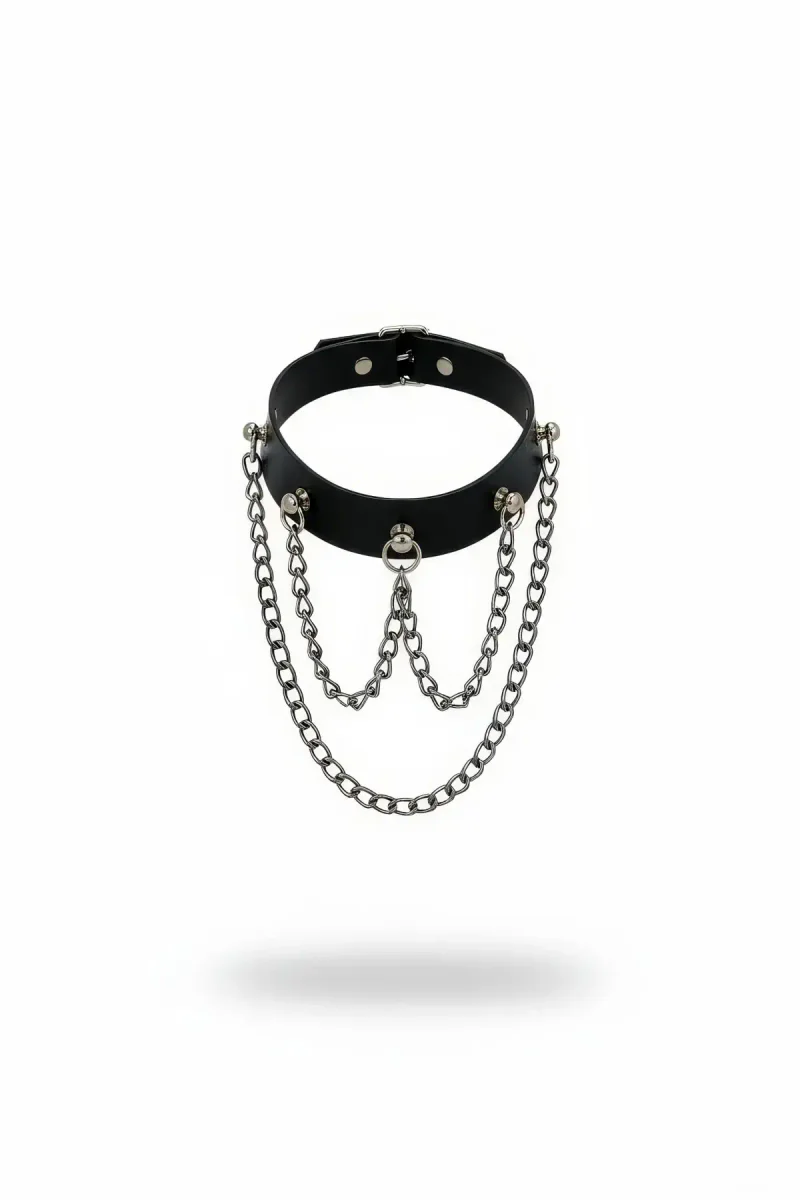 Black faux leather choker collar with three silver chain layers draping downwards